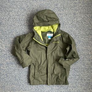Boys light olive green raincoat with contrasting lime green mesh lining.